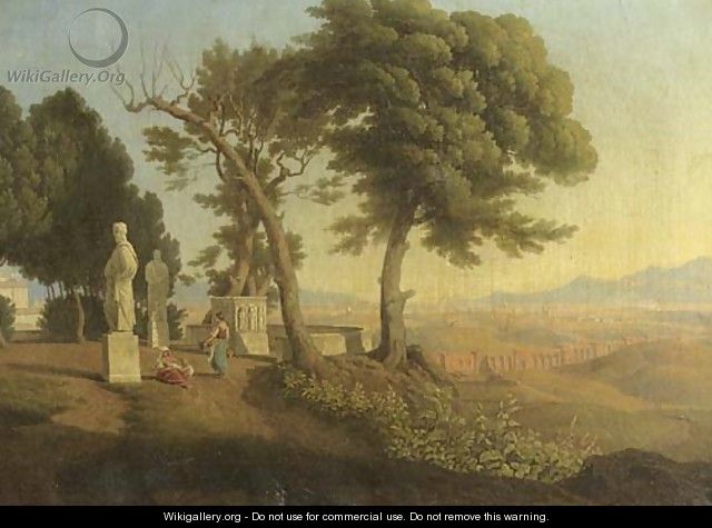 Women conversing in a classical garden, an Italianate landscape beyond - (after) Abraham Teerlink