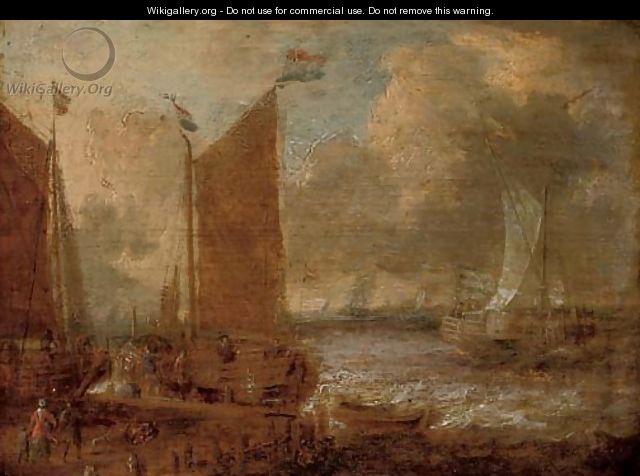 A harbour scene with shipping and steverdores on the quay - (after) Abraham Storck