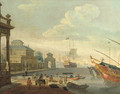 A Capriccio of a Mediterranean harbour with galleys and a merchantman - (after) Abraham Storck