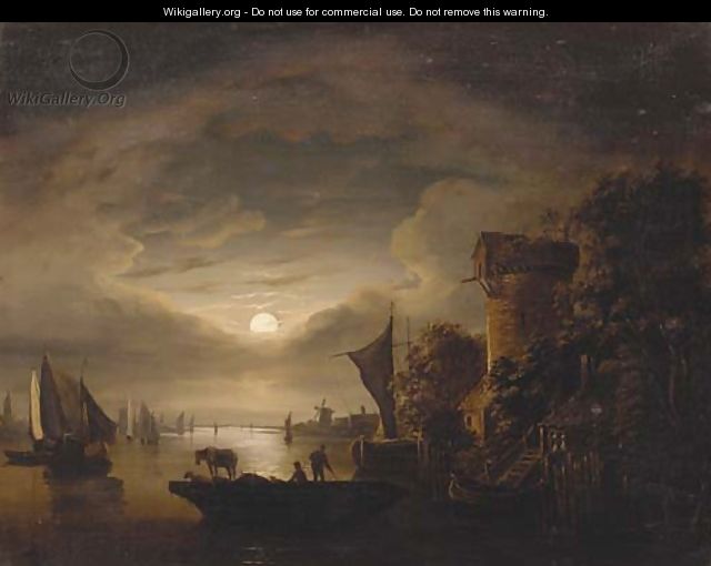 Figures with livestock on a ferry, in a moonlit river landscape - (after) Abraham Pether