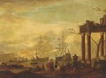 A Mediterranean coastal inlet with shipping and stevedores by classical ruins - (after) Abraham Jansz. Storck