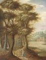 A wooded landscape with a woman and a dog on a track - (after) Abraham Govaerts