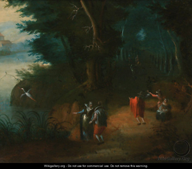 A wooded river landscape with elegant figures on a path - (after) Abraham Goaverts