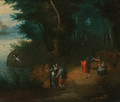 A wooded river landscape with elegant figures on a path - (after) Abraham Goaverts