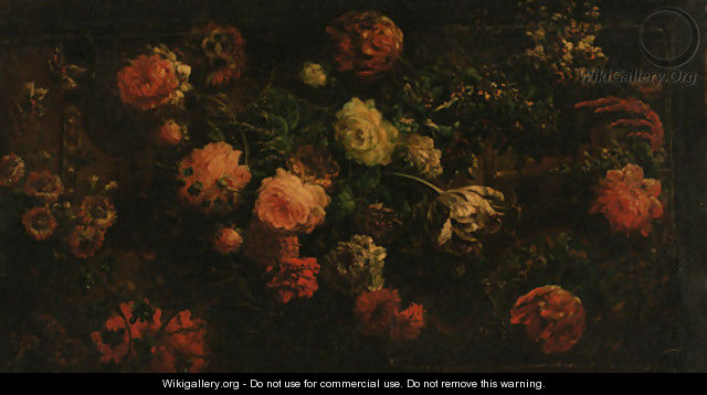 Tulips, peonies, poppies and other flowers against a stone ledge - (after) Abraham Brueghel