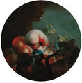 Peaches, an apple and figs by a fountain - (after) Abraham Brueghel