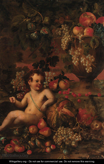 A putto amongst fruit in a landscape - (after) Abraham Brueghel
