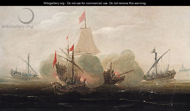 A naval engagement with barges attacking a man-o