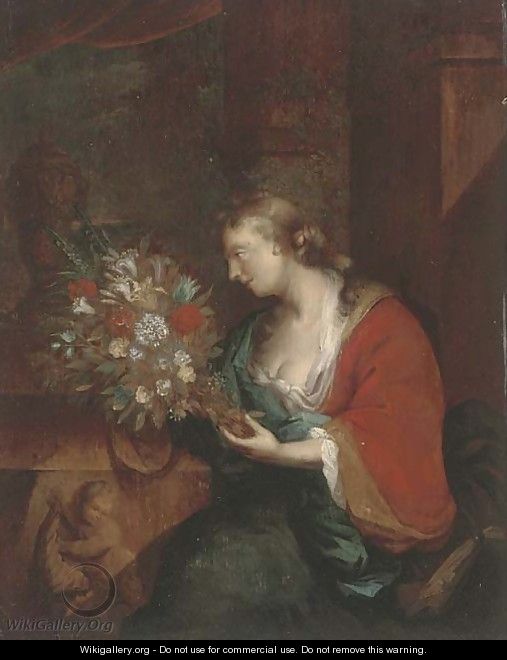 Portrait of a lady with a bunch of mixed flowers - (after) Adriaen Van Der Werff