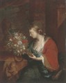 Portrait of a lady with a bunch of mixed flowers - (after) Adriaen Van Der Werff