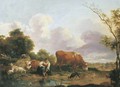 An open landscape with a shepherdess washing her feet by a brook - (after) Adriaen Van De Velde