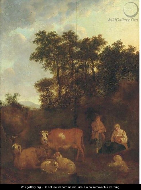 A pastoral landscape with a shepherd at rest with cattle and sheep - (after) Adriaen Van De Velde