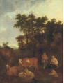 A pastoral landscape with a shepherd at rest with cattle and sheep - (after) Adriaen Van De Velde