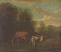 A landscape with a woman bathing at a river with cattle - (after) Adriaen Van De Velde