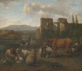 A landscape with a shepherd and his flock near a town - (after) Adriaen Van De Velde
