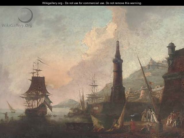A Mediterranean harbour with elegant company and merchants by a lighthouse, shipping beyond - (after) Adriaen Manglard