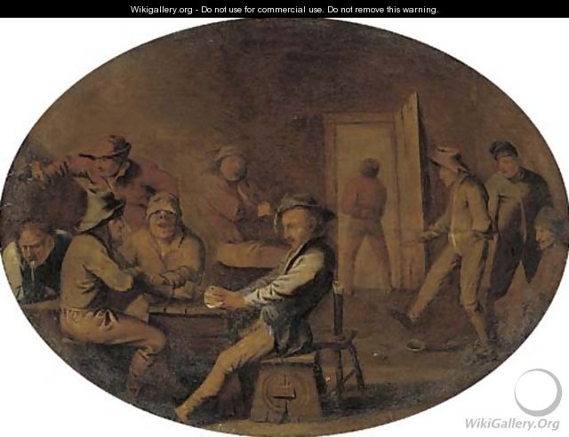 Peasants playing cards, drinking merry making in an interior - (after) Adriaen Brouwer