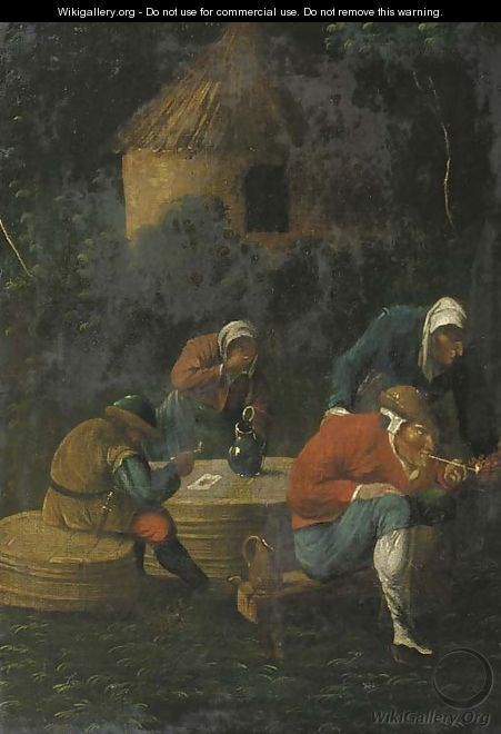 Peasants drinking and smoking by an inn at night - (after) Adriaen Brouwer