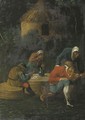 Peasants drinking and smoking by an inn at night - (after) Adriaen Brouwer