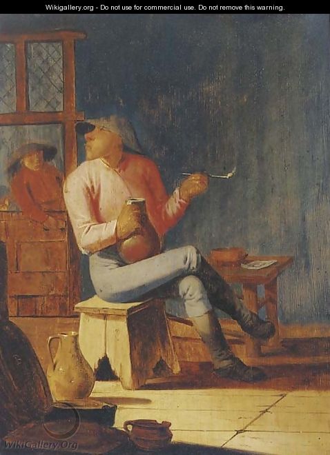 A peasant smoking and drinking in an interior - (after) Adriaen Brouwer