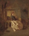 Portrait of a young woman, full length, sitting in a studio - (after) Adolphe Joseph Thomas Monticelli
