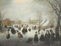 A winter landscape with elegant figures skating and playing kolf on a frozen river, a town beyond - (after) Adam Van Breen