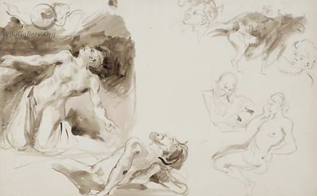 Un ange apparat aA  un saint agenouille, un homme nu allonge, une femme nue assise, trois tetes et un chat - Eugene Delacroix