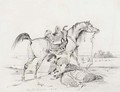 A stallion in profile to the right, an arab crouching in the foreground - Eugene Delacroix