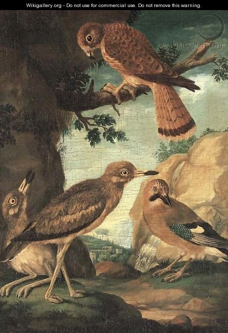 A chuff, hawk, sparrow and kestrel in a landscape - Ferdinand Phillip de Hamilton