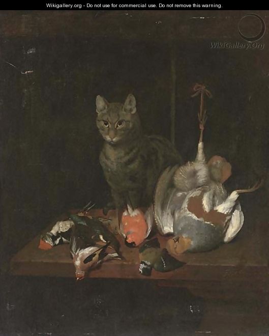 A cat seated on a wooden table with dead birds - Ferdinand Phillip de Hamilton