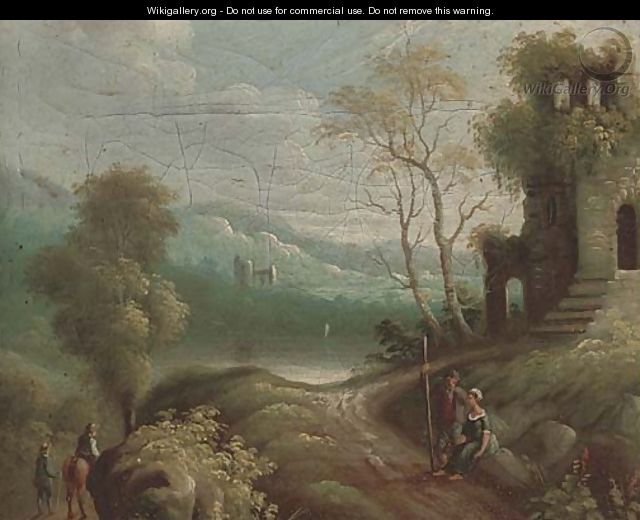 A river landscape with peasants on a path - Flemish School