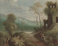 A river landscape with peasants on a path - Flemish School