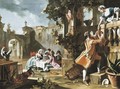 An elegant children's tea-party in the forecourt of an Italian villa with a young man passing a joint of meat to a woman standing on a balcony above - Filippo Falciatore