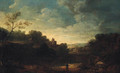 An extensive landscape with a peasant on a track, a ruin beyond - Flemish School