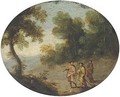 A wooded landscape with travellers on a path - Flemish School