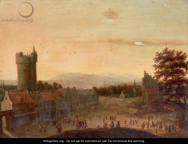 A crowded town square with a castle tower beyond - Flemish School