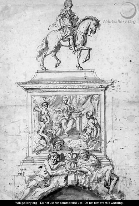 An Admiral on horseback on a pedestal decorated with reliefs and river gods - Flemish School