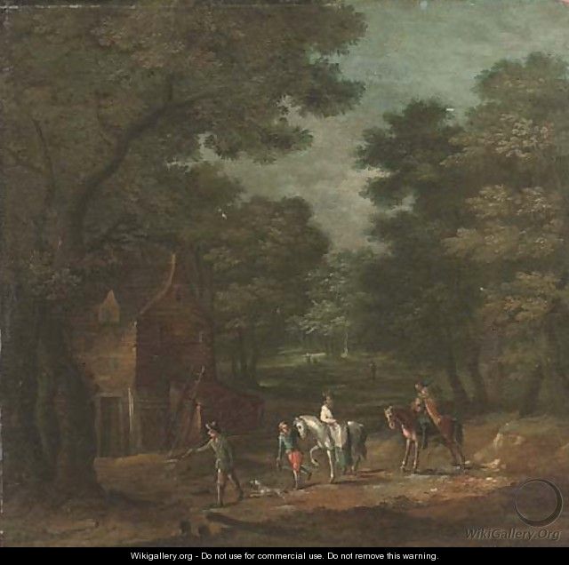 A wooded landscape with hunters by a cottage - Flemish School