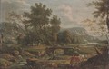 A river landscape with a drover and his cattle, a bridge and town beyond - Flemish School