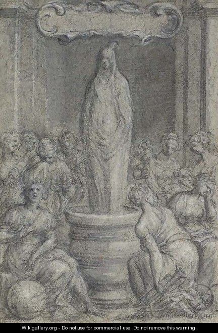 A scene of mourning Female figures including the Muses surrounding a draped figure standing on an altar - Flemish School