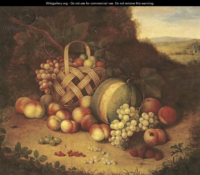 Bunches of grapes and lemons in a basket with peaches - Flemish School