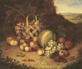 Bunches of grapes and lemons in a basket with peaches - Flemish School