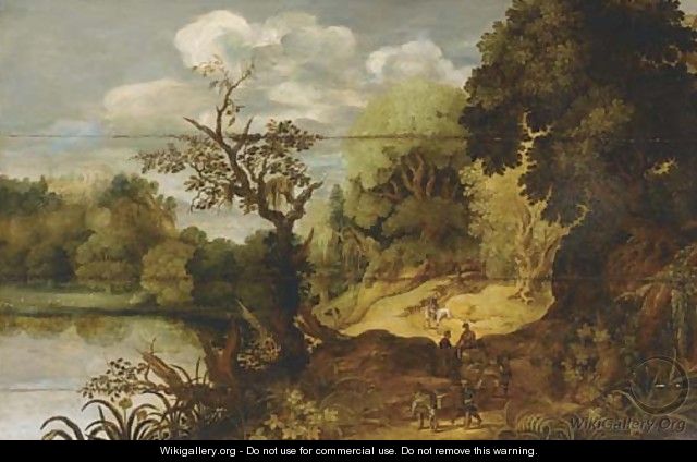 A wooded landscape with travellers on a track by a lake - Flemish School