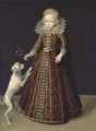 Portrait of a young boy, full-length, in a black dress with red brocade and a lace collar and cuffs - Flemish School
