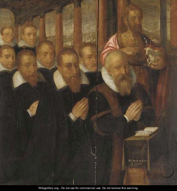 The wing of an altarpiece recto Saint John the Baptist with eight male donors in prayer; verso Saint Antony and Saint Dominic - Flemish School