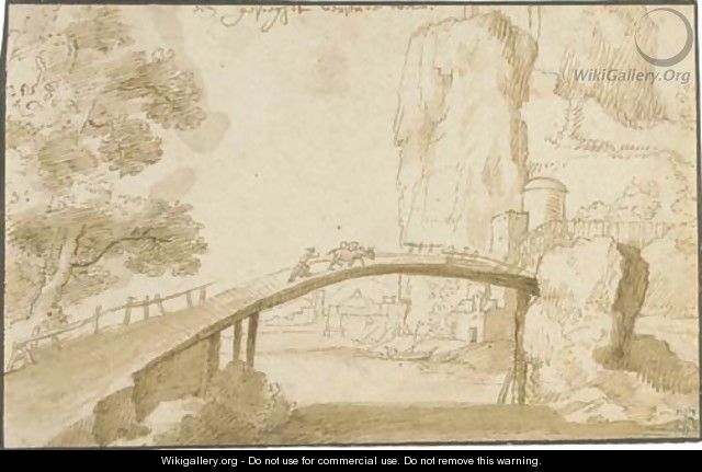 A narrow bridge over a river, a town beyond - Flemish School