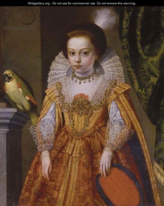 Portrait of a lady, three-quarter-length, in an elaborate jeweled dress holding a feather fan - Flemish School