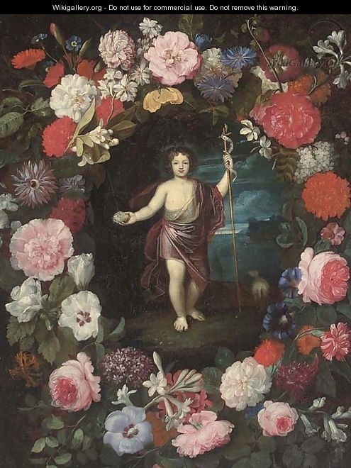 Saint John the Baptist in a floral cartouche - Flemish School