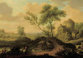 Travellers on a path by a mansion in a landscape, at sunset - Flemish School