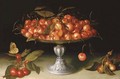 Cherries in a silver compote with crabapples on a stone ledge and a fritillary butterfly - Galizia Fede